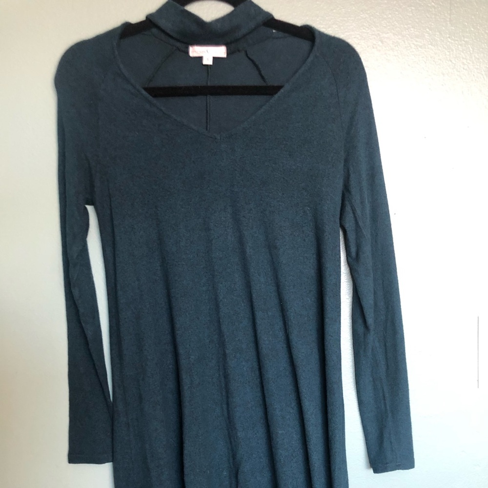 Teal scoop neck with collar long sleeve mini dress